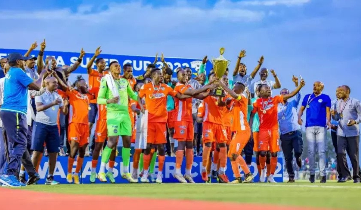 AS Kigali players anad staff celebrate the victory after winning Super Cup 2022 title on Sunday at Kigali Stadium. Head Coach Andre Casa Mbungo says his side’s major target in the season is to win the Rwanda premier league. / File