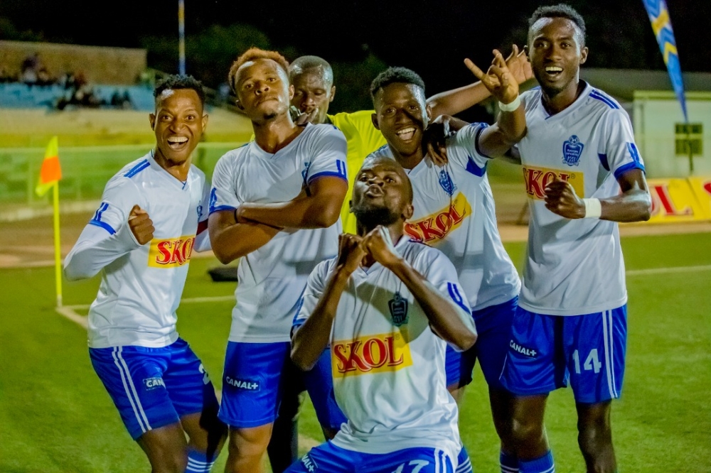 Rayon Sports players celebrate after defeating Rutsiro on Saturday at Kigali Stadium. Despite losing 2-1, Rutsiro were the best team in the league in week one. / Photo: Courtesy