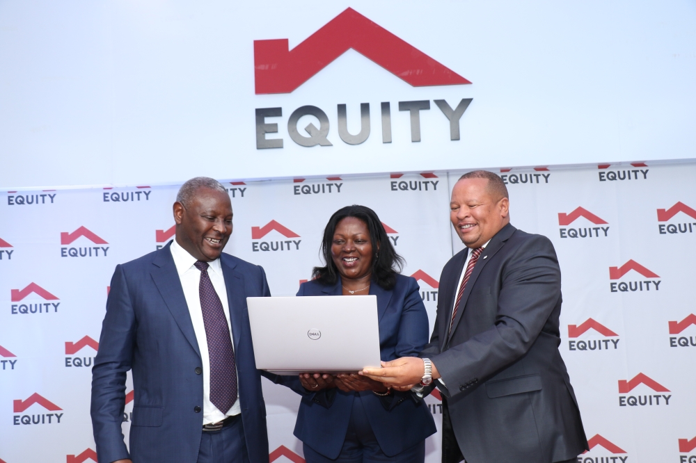 Equity Group Managing Director and CEO, Dr. James Mwangi (left) Group Executive Director, Mary Wamae (centre) and Equity Bank Kenya Managing Director, Gerald Warui (right), discuss the 2022 Half Year performance during the Group Investor Briefing.