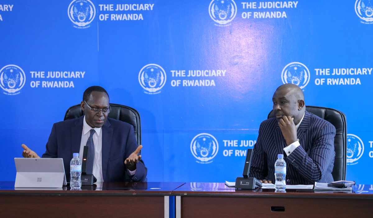 Faustin Ntezilyayo, the Chief of Justice of Rwanda and Sierra Leone Chief Justice, Desmond B. Edwards during the bilateral meeting in Kigali on August 23. Photo by Dan Nsengiyumva