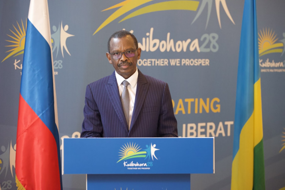Ambassador of the Republic of Rwanda to the Russian Federation Lt Gen Frank Mushyo Kamanzi delivering his speech to the invitees of Kwibohora28.
