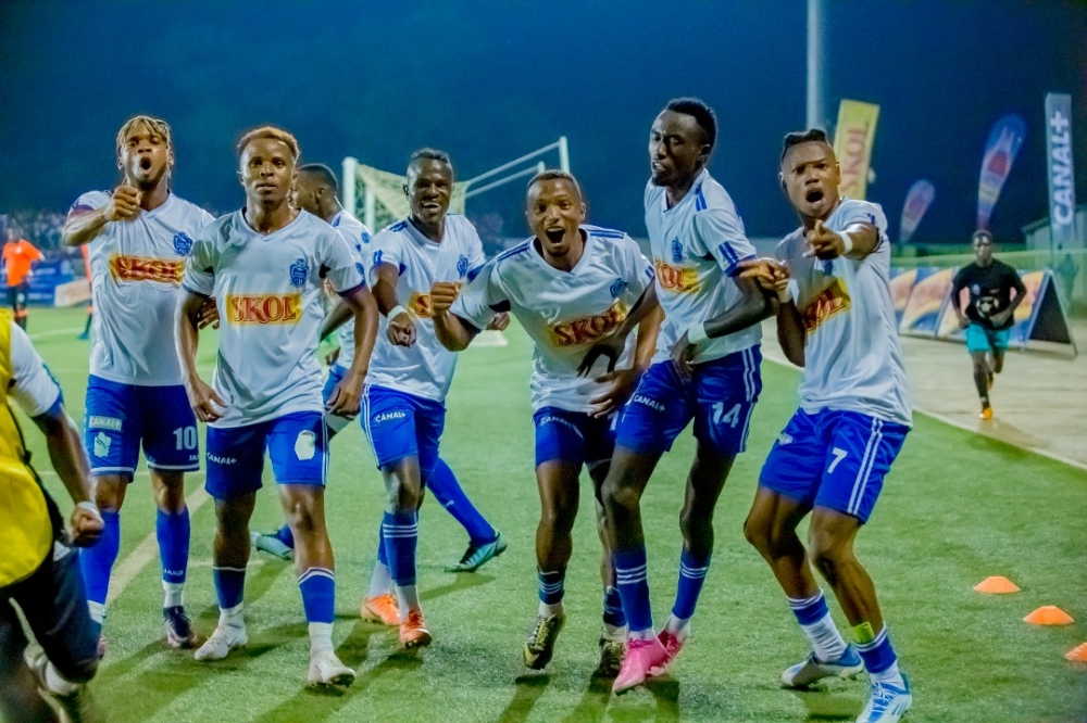 Rayon Sports players in celebration of a goal during a past game. The Blues will play against Ugandan giants URA FC in a friendly game on Friday, September 2. / Courtesy