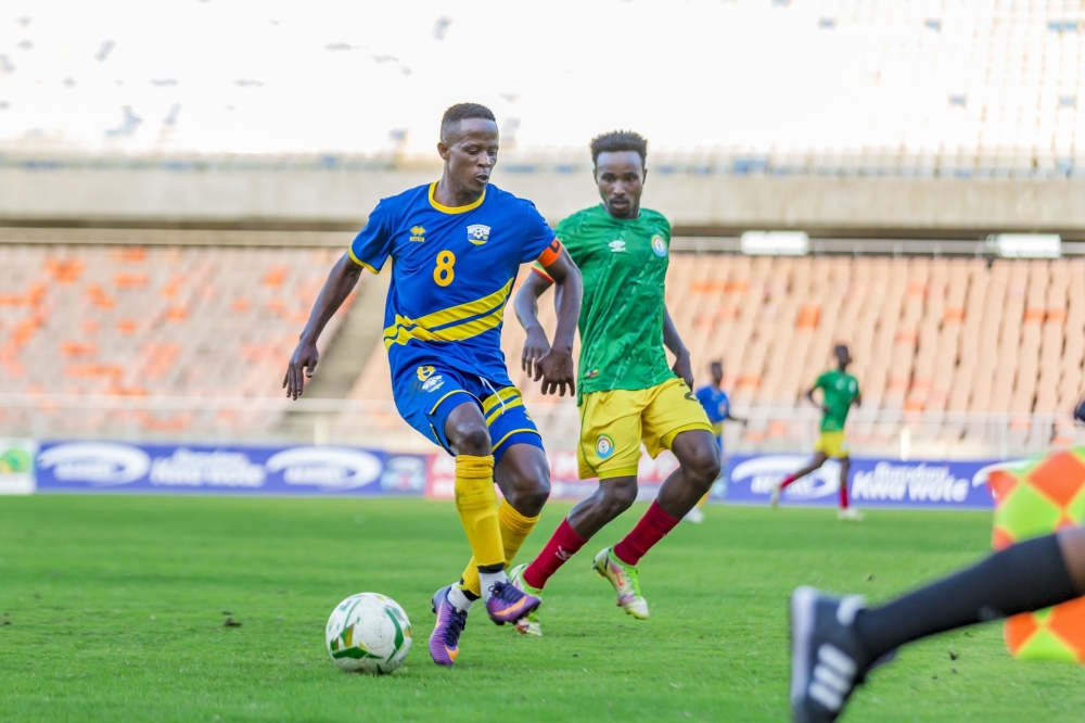 National Football team skipper Haruna Niyonzima with the ball during a goalless draw against Ethiopia in Tanzania on Friday, August 26. / Courtesy