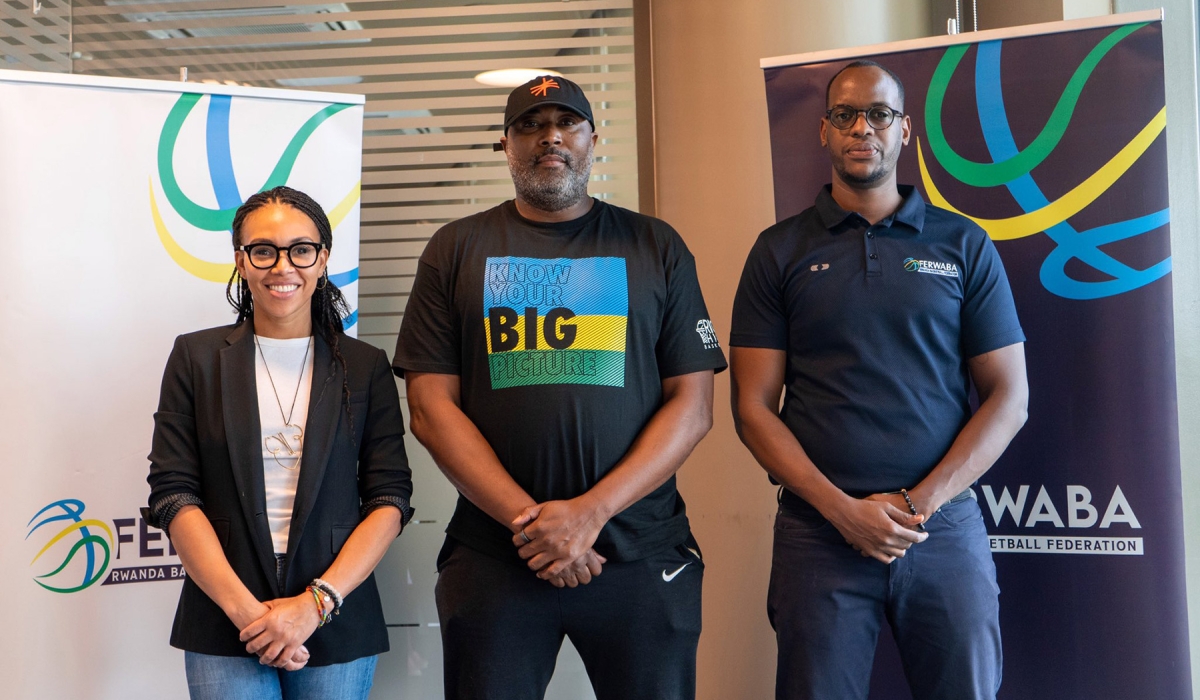 L-R: Khaila Locke, coach Rico Hines&#039; assistant; Rico Hines, NBA’s Toronto Raptors&#039; developmental coach; and Landry Jabo, FERWABA&#039;s executive director. / Courtesy
