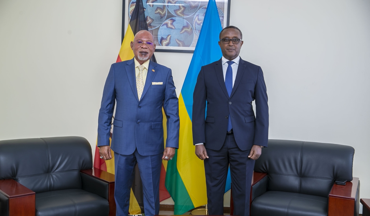 Uganda’s Minister for Foreign Affairs, Jeje Odongo, with his Rwandan counterpart, Vincent Biruta, at a bilateral meeting in Kigali on September 1. / Courtesy