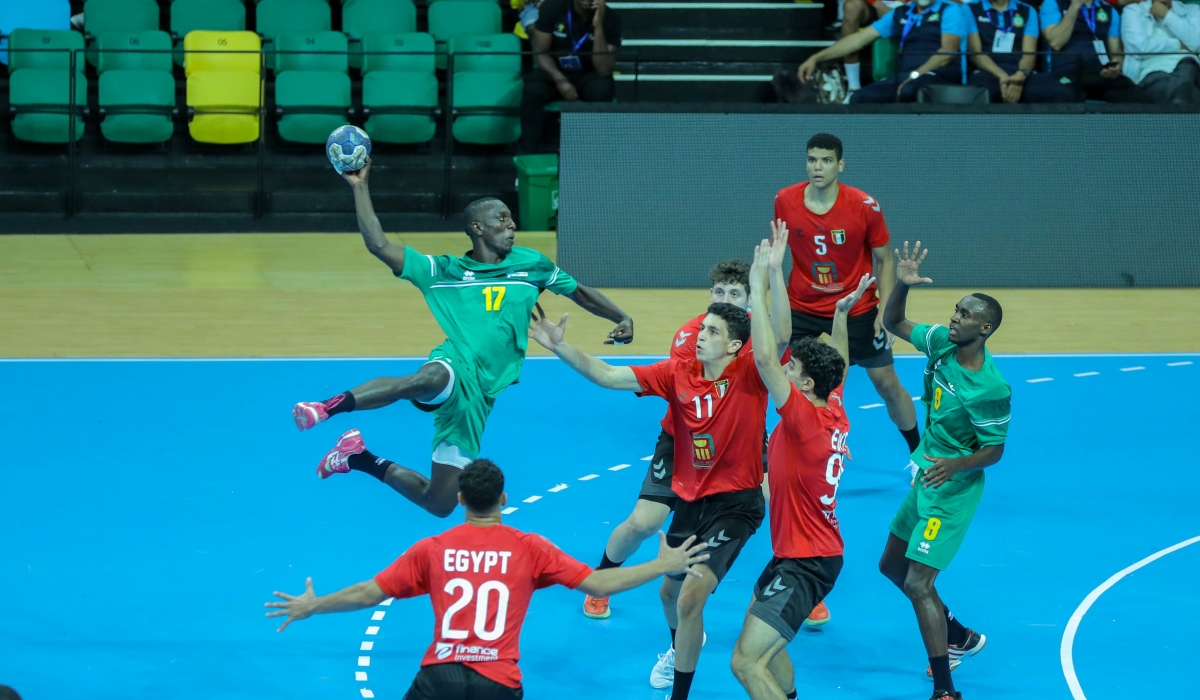 The U-18 national handball team during a game against Egypt.  They will face Algeria in the last game in Group B of the ongoing 2022 Africa Handball Confederation  Championship. Photo: Dan Nsengiyumva.