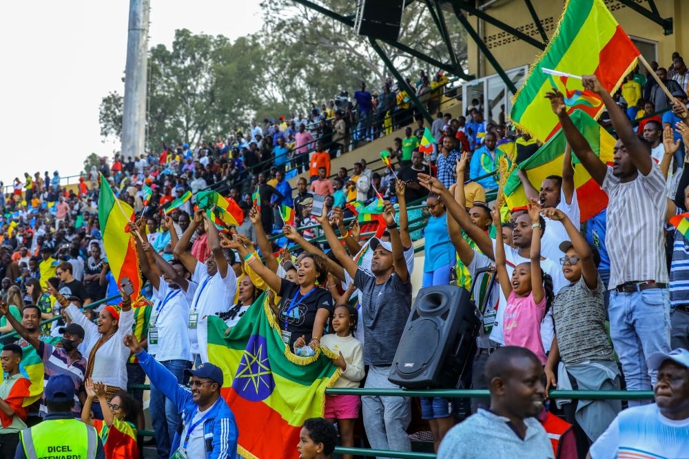 Ethiopians cheer on their players after beating Rwanda football team 1-0 at Huye Stadium on Saturday.