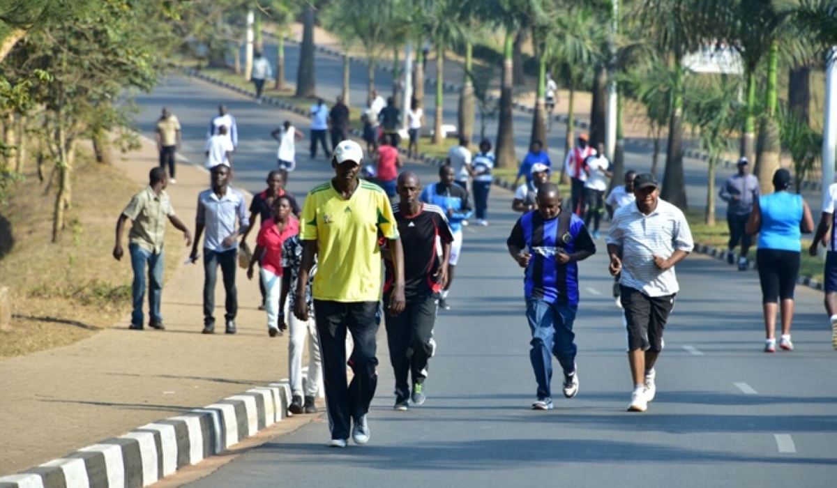 Rwandans exercise during car free day. Taking care of yourself includes spending time outdoors. File photo.