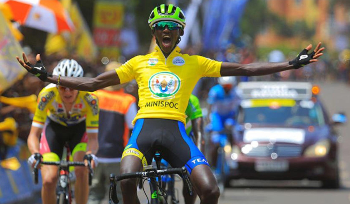 Tour du Rwanda 2018 champion, Samuel Mugisha celebrates his crucial win on August 12, 2018.Mugisha, who rides for South African Cycling side ProTouch, is missing after he landed at the airport in Maryland, United States on Sunday
