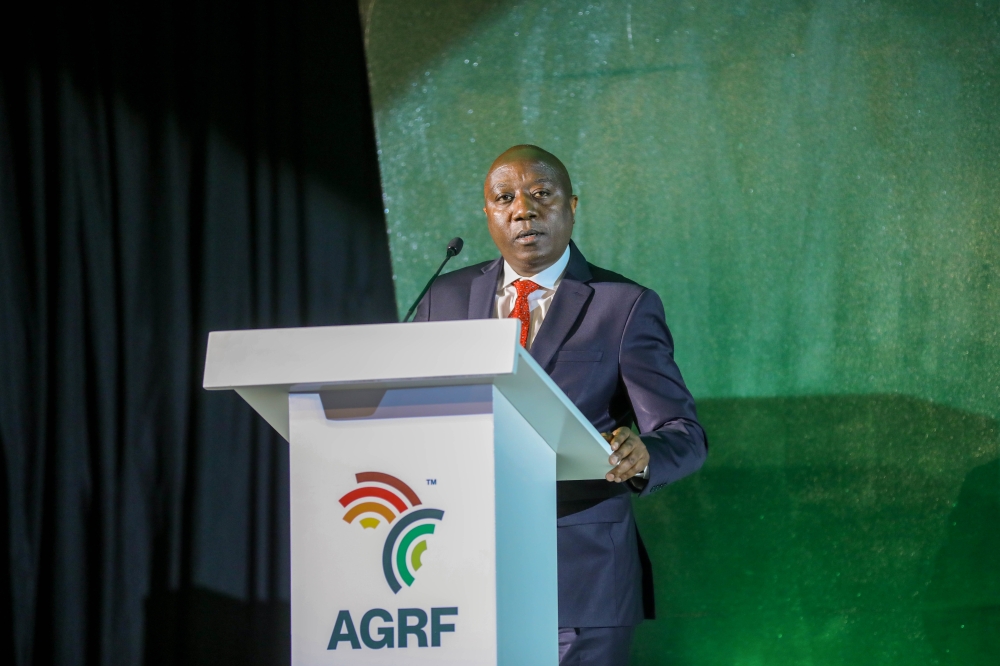 Prime Minister Edouard Ngirente delivers remarks at the opening of the 12th annual summit of the Africa Green Revolution
Forum on Tuesday, September 6. Addressing the one-week summit that has drawn over 2,600 participants, Ngirente revealed
that Africa needs to take bold measures to address the soaring food prices that are making it difficult for families and
communities to meet their food needs. Photo: Dan Nsengiyumva.