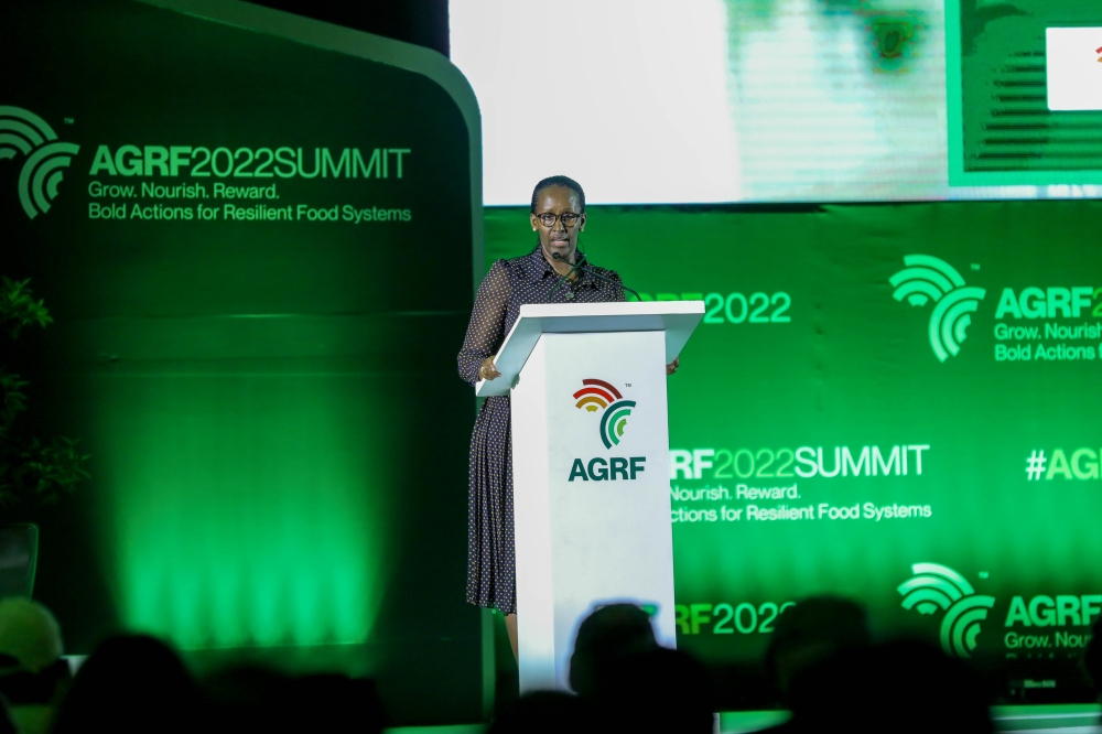 First Lady Jeannette Kagame delivers remarks during  the ongoing 12th Africa Green Revolution Forum  in Kigali on September 7. Photo by Dan Nsengiyumva