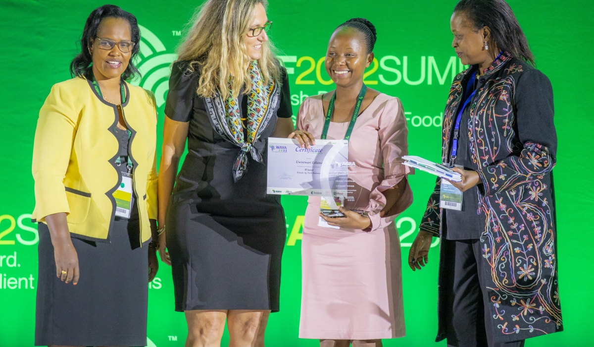Liliane Uwintwari, the CEO of Mahwi Tech,receives Agric award after boosting farmer incomes or something shorter in Kigali on September 7.Courtesy