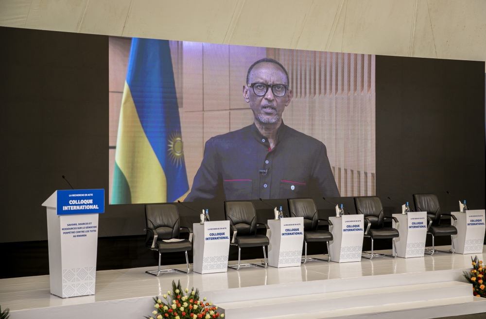 President Paul Kagame virtually delivers remarks at the opening of International Colloquium at Kigali Genocide Memorial on September 11, 2022. / Courtesy