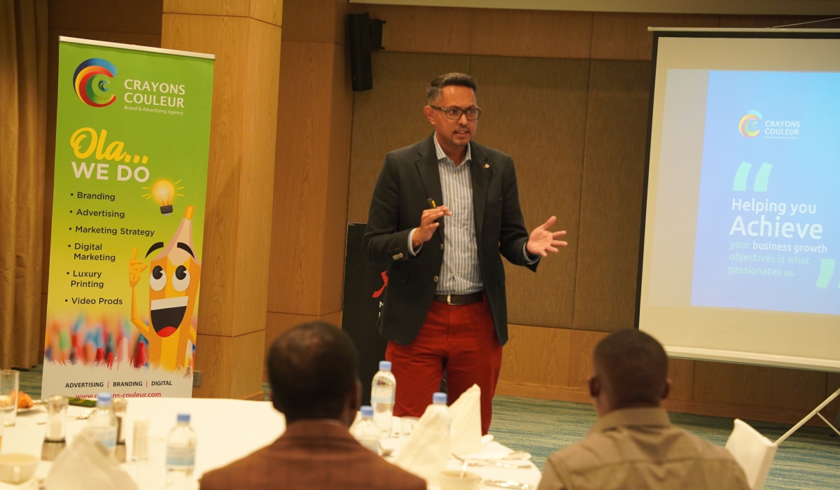 Nurveen Ratty, the Founder and Executive Creative Director of Crayons Couleur Ltd, addresses the event during the official launch of his company&#039;s operation in Rwanda. / Photos by Craish Bahizi