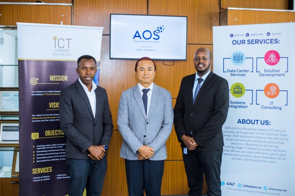 L-R: Moise Tuyizere, Chief Operations Officer at ICT Chamber; Seong Woo Kim,  AOS CEO; and Dan Gasangwa, acting CMO of AOS. / Courtesy