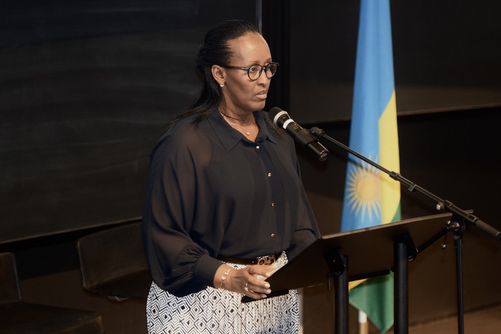 First Lady Jeannette Kagame delivers remarks during her interaction with the Rwandan Diaspora and Friends of Rwanda in the Nordic countries,  on Rwanda’s post-genocide journey on September 15.Courtesy