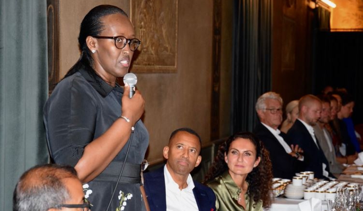 First Lady Jeannette Kagame speaks at a dinner themed &#039;Partnering for Change&#039; in Sweden on September 14.  She exchanged with guests about Rwanda&#039;s transformation journey and the contribution of the Imbuto Foundation. Courtesy