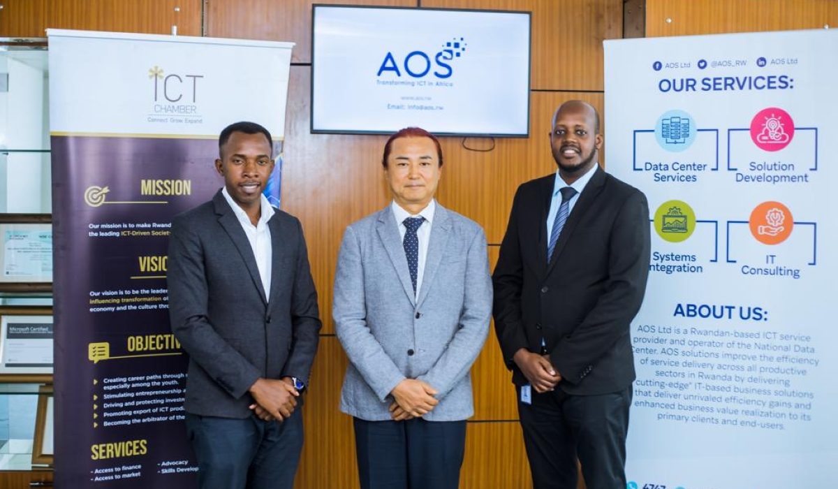 L-R: Moise Tuyizere, Chief Operations Officer at ICT Chamber; Seong Woo Kim,  AOS CEO; and Dan Gasangwa, acting CMO of AOS. / Courtesy