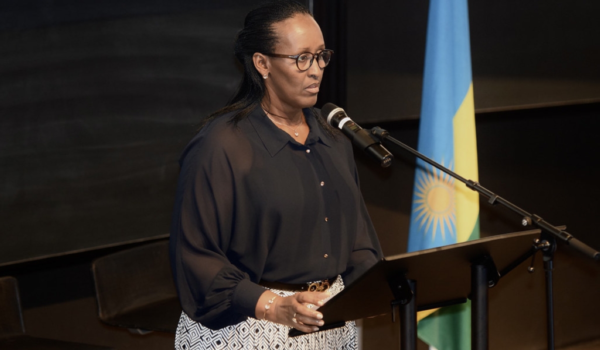 First Lady Jeannette Kagame delivers remarks during her interaction with the Rwandan Diaspora and Friends of Rwanda in the Nordic countries,  on Rwanda’s post-genocide journey on September 15.Courtesy
