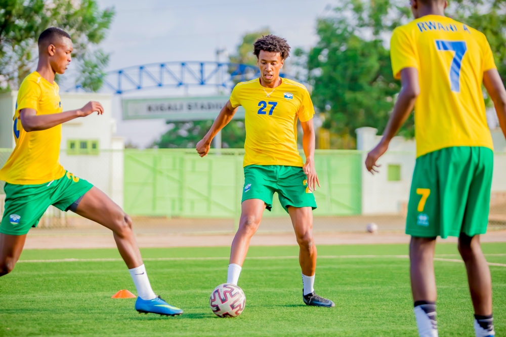 Cyprus based Rwandan defender Dlyan Maes (centre) trains with teammates on Saturday after jetting into the country on Friday for the International friendly against Equatorial Guinea. / All photos: Courtesy