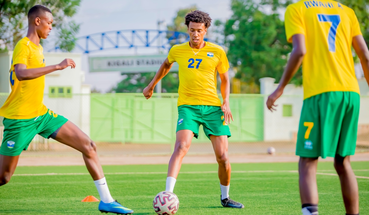 Cyprus based Rwandan defender Dlyan Maes (centre) trains with teammates on Saturday after jetting into the country on Friday for the International friendly against Equatorial Guinea. / All photos: Courtesy