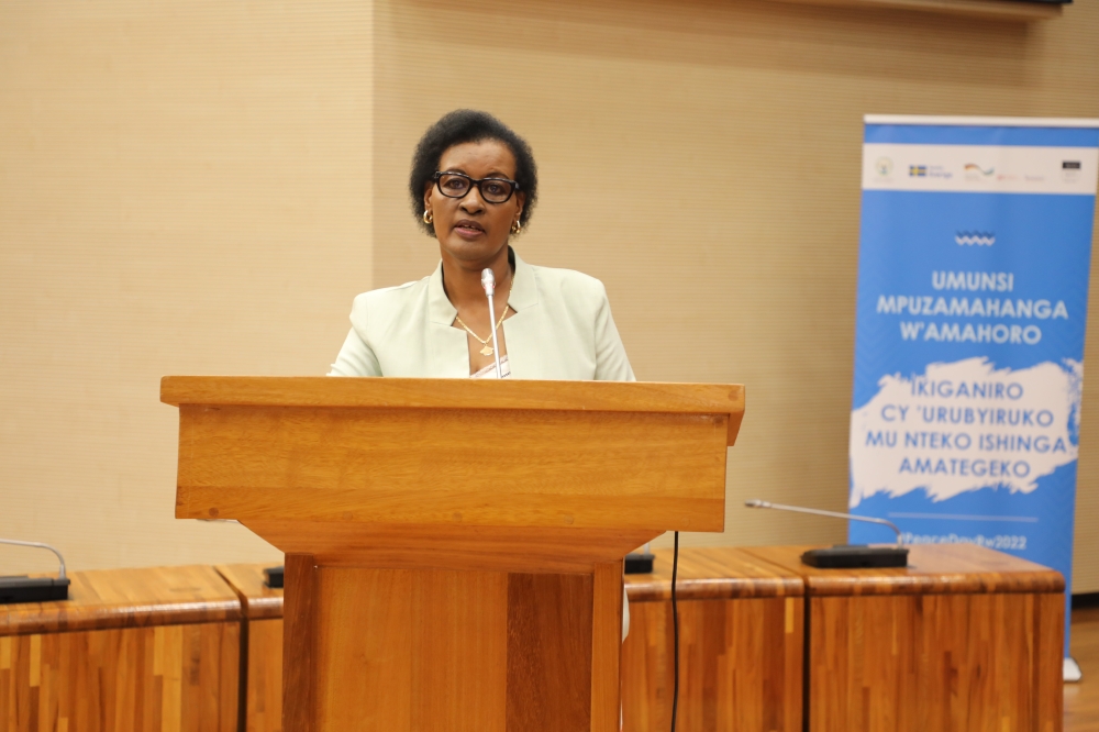 Speaker of Parliament Donatille Mukabalisa delivers remarks during the ceremony of  the International Day of Peace  in Kigali on September 21. All Photos by Craish Bahizi