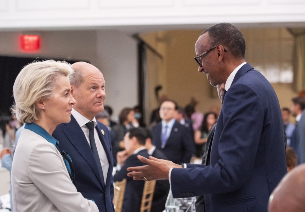 President Kagame interacts with Ursula von der Leyen, the European Commission president, as he took part in the 7th Global Fund Replenishment meeting where Rwanda pledged $3,250,000, a 30% increase from the last round on September 22. Photo by Village Urugwiro