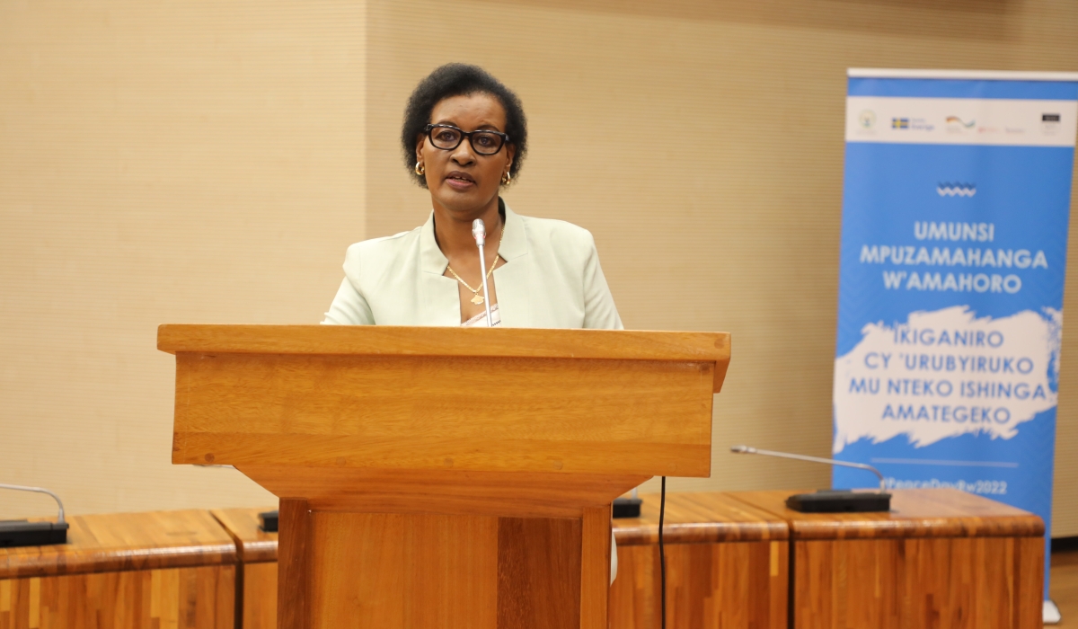 Speaker of Parliament Donatille Mukabalisa delivers remarks during the ceremony of  the International Day of Peace  in Kigali on September 21. All Photos by Craish Bahizi
