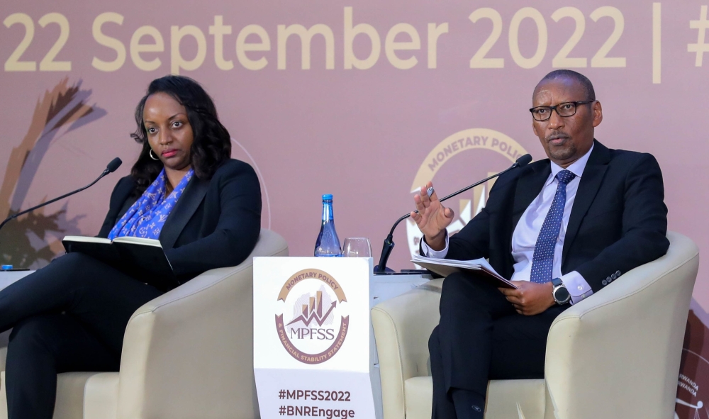 Central Bank Governor John Rwangombwa and his deputy, Soraya Hakuziyaremye, during the presentation of Monetary Policy and Financial Stability Statement in Kigali, on Thursday, September 22. Rwangombwa said Rwanda&#039;s export in value increased by 37.2 per cent during the first half of 2022, thanks in large part to export of manufactured goods to the region.Dan Nsengiyumva
