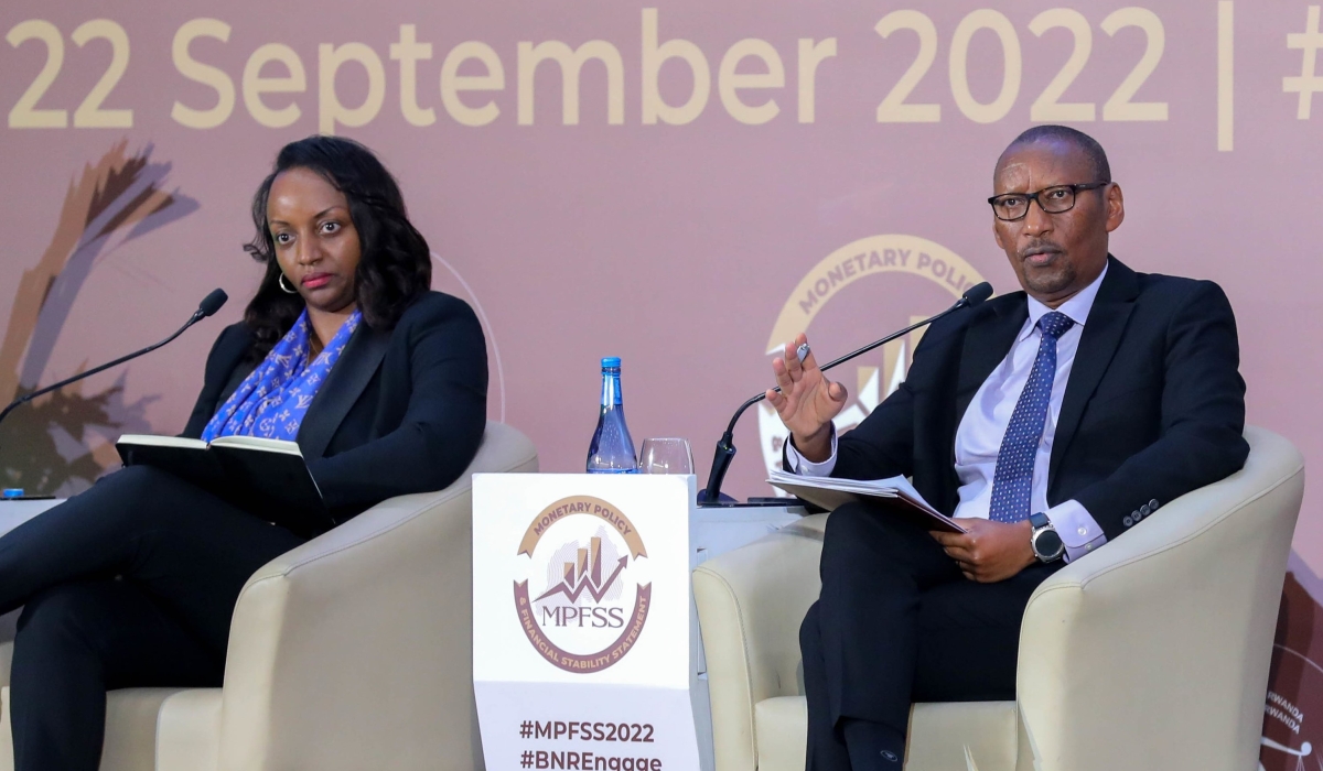 Central Bank Governor John Rwangombwa and his deputy, Soraya Hakuziyaremye, during the presentation of Monetary Policy and Financial Stability Statement in Kigali, on Thursday, September 22. Rwangombwa said Rwanda&#039;s export in value increased by 37.2 per cent during the first half of 2022, thanks in large part to export of manufactured goods to the region.Dan Nsengiyumva