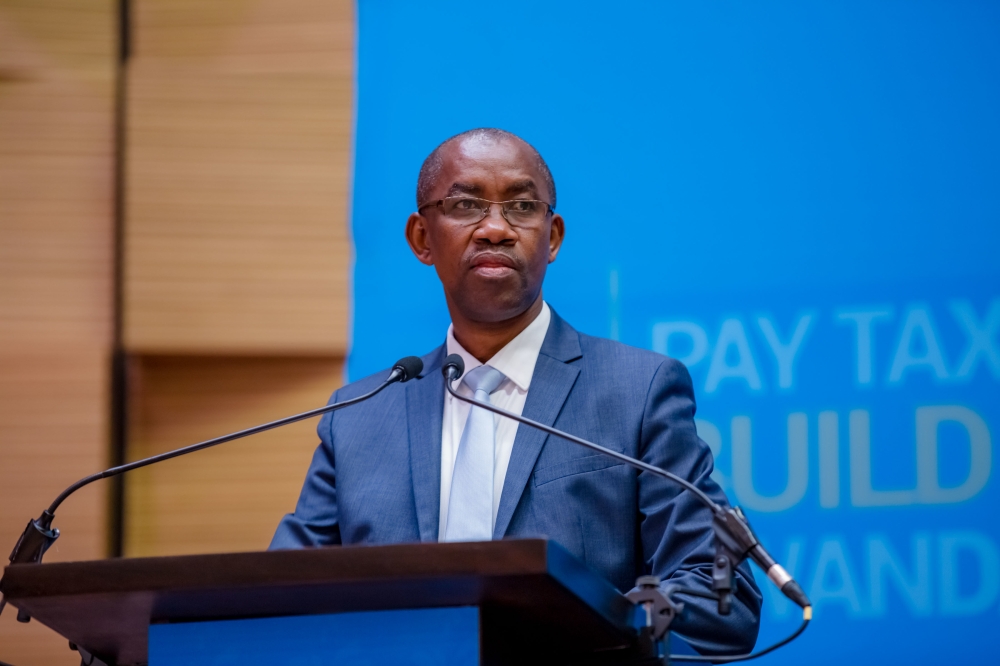 RRA Commissioner General, Pascal Bizimana Ruganintwali addresses an event last year. While appearing before PAC on September 23, the Commissioner General said that Consumers could start getting a share of the 18 per cent value-added tax levied on taxable goods and services. File
