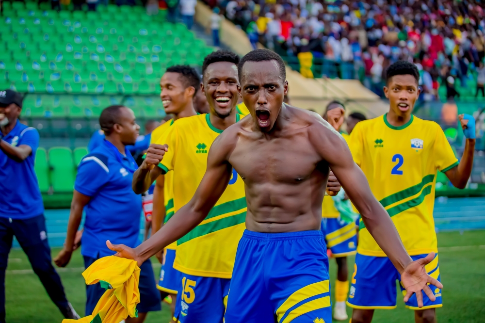 U-23 National Football Team player Samuel Nsengiyumva celebrates the crucial victory 3-0 against Libya  to qualify for the second round of the preliminary stages of the 2023 AFCON U-23 qualifiers at Huye Stadium on September 27.