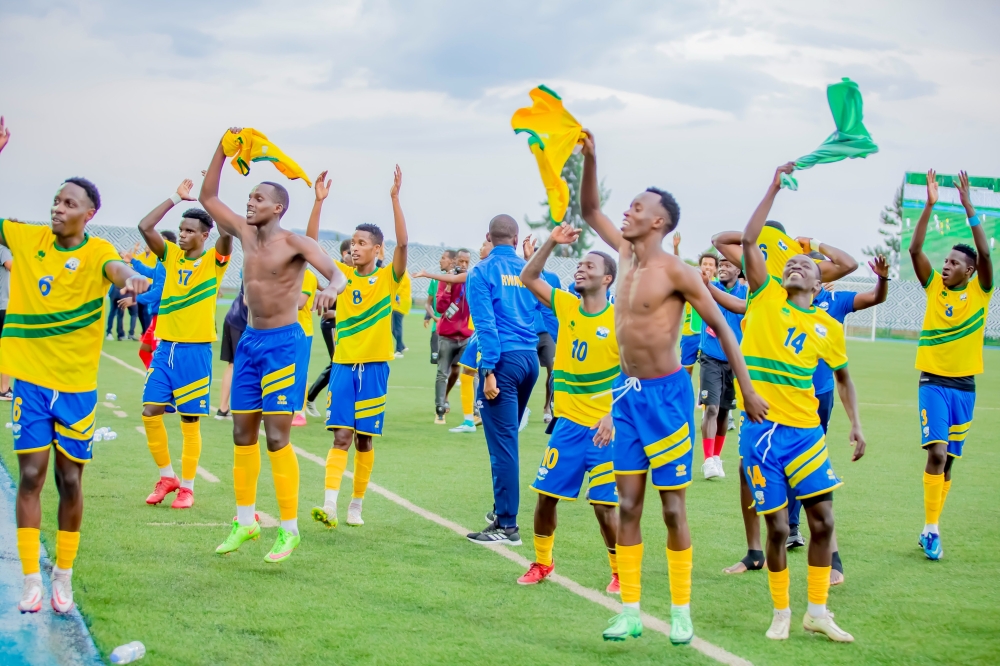The national U-23 players celebrate at Huye stadium after eliminating Libya to qualify for the second round of the preliminary stages of the 2023 AFCON U-23 qualifiers. Photo: Courtesy.