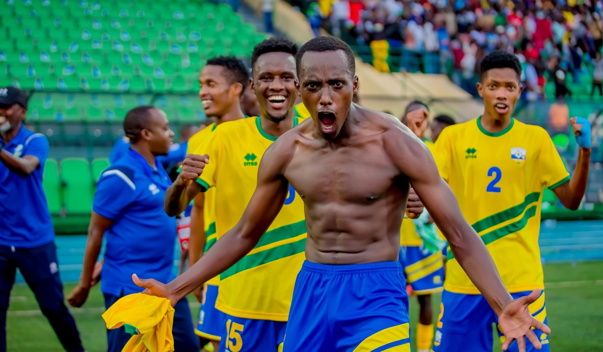 U-23 National Football Team player Samuel Nsengiyumva celebrates the crucial victory 3-0 against Libya  to qualify for the second round of the preliminary stages of the 2023 AFCON U-23 qualifiers at Huye Stadium on September 27.