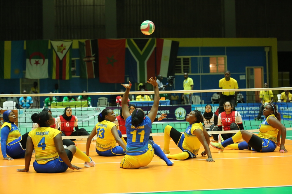 The national women sitting volleyball team during a game against Egypt. The national men and women sitting volleyball teams are in intensive preparations ahead of the upcoming 2022 World Sitting Volleyball Championships. Photo: Sam Ngendahimana.