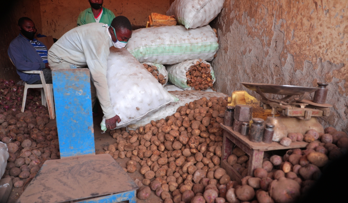 Inside one of Irish potato shops in Nyabisindu in Kigali. The average price per kilogramme for Irish potatoes has increased from Rwf300 to over Rwf500. / Sam Ngendahimana