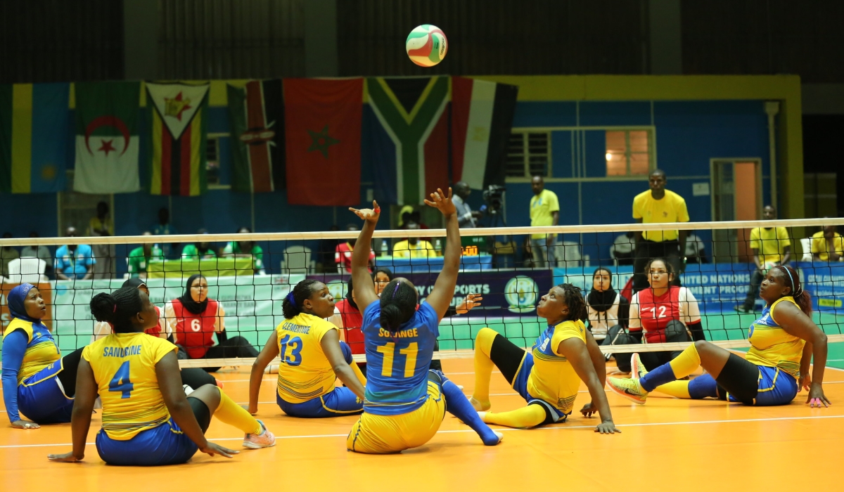 The national women sitting volleyball team during a game against Egypt. The national men and women sitting volleyball teams are in intensive preparations ahead of the upcoming 2022 World Sitting Volleyball Championships. Photo: Sam Ngendahimana.
