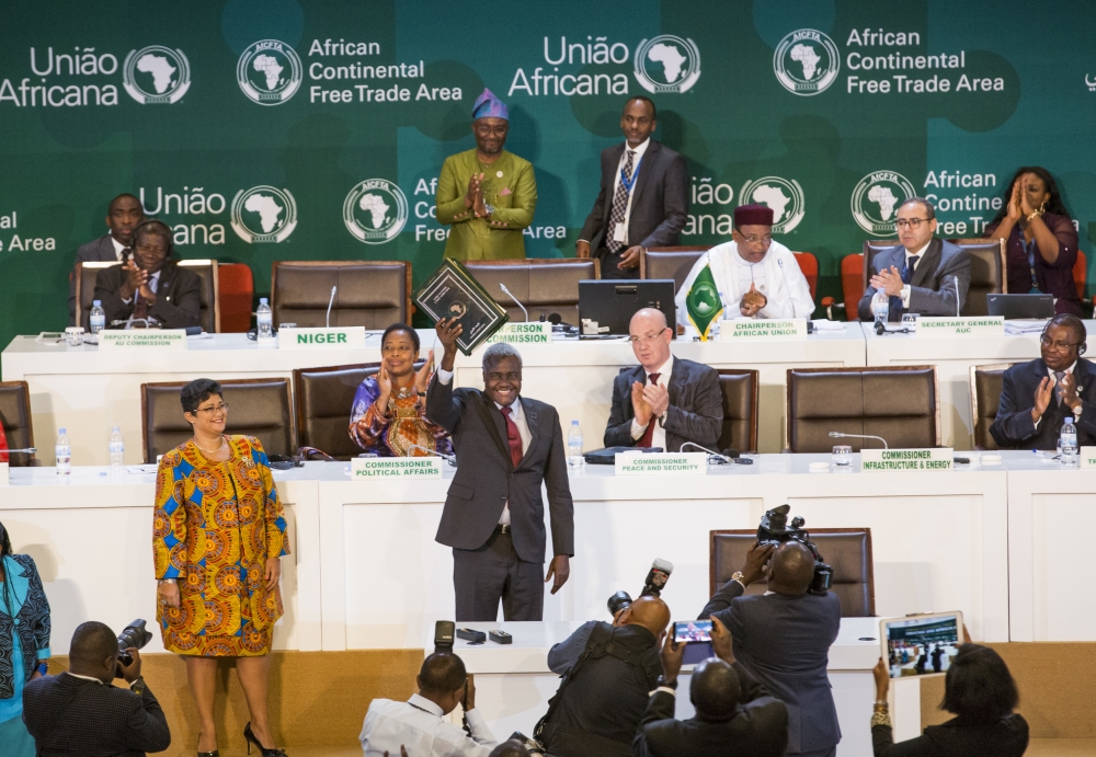 Moussa Faki, the Chairperson of the African Union Commission, in a cheerful mood during the launch of AfCFTA in Kigali  on March 21, 2018. Rwanda exported its first consignment of goods under the aggreement.File
