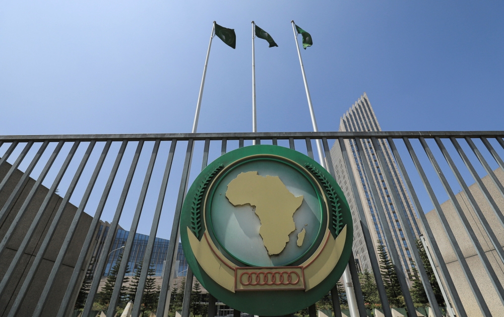 The African Union logo is seen outside the AU headquarters building in Addis Ababa, Ethiopia, November 8, 2021. REUTERS/Tiksa Negeri