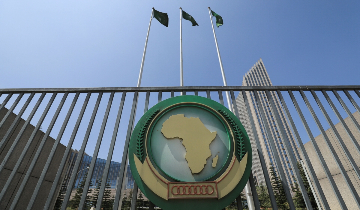 The African Union logo is seen outside the AU headquarters building in Addis Ababa, Ethiopia, November 8, 2021. REUTERS/Tiksa Negeri