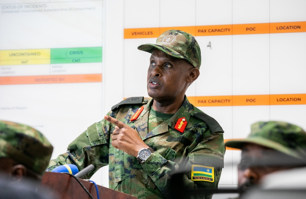 Maj Gen Eugene Nkubito, the joint task force commander of Rwanda security forces (RSF) in Cabo Delgado, Mozambique, briefing journalists in Afungi, Palma district, on September 26. Photo: Olivier Mugwiza
