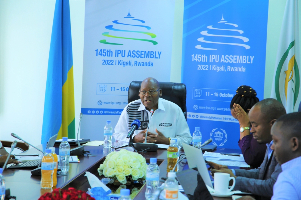 Senate President, Augustin Iyamuremye (left) addresses the media about issues that will be discussed during the 145th Inter-Parliamentary Union assembly due to start in Kigali on Tuesday, October 11. Photo: Craish Bahizi.