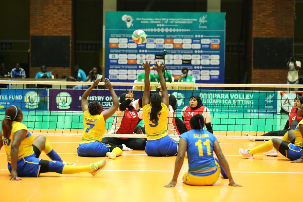The national women sitting volleyball players during a game against Egypt. Women and men sitting volleyball teams will begin a 10-day intensive residential training camp at Gisagara Gymnasium on Friday, October 14. / Sam Ngendahimana