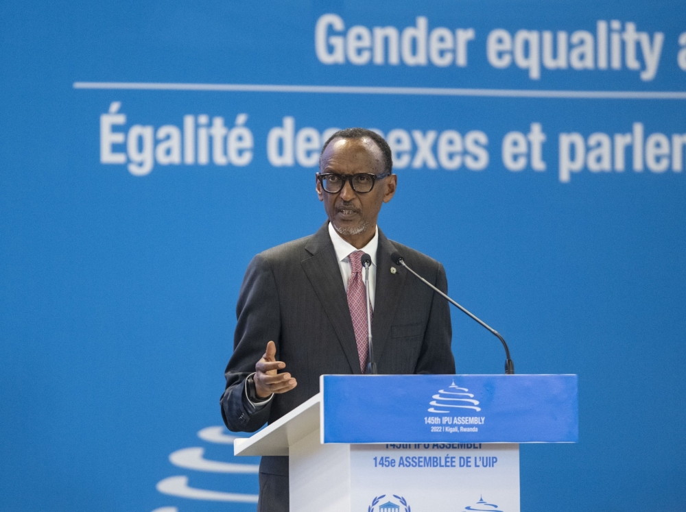 President Paul Kagame addresses the 145th Assembly of the Inter-Parliamentary Union in Kigali on Tuesday, October 11. / Photo by Village Urugwiro