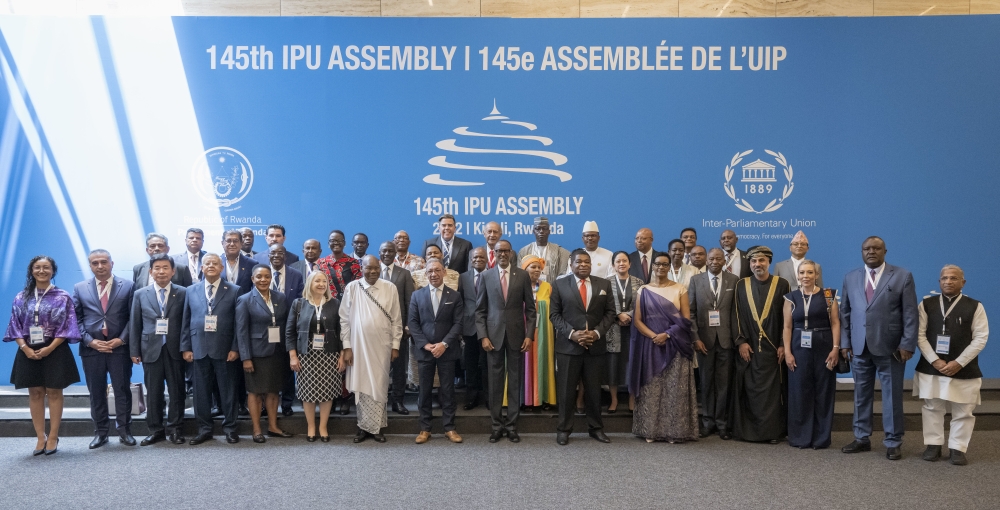 President Kagame in a group photo with delegates at the 145th Assembly of the Inter-Parliamentary Union that is underway in Kigali from October 11 to 15. / Photo by Village Urugwiro