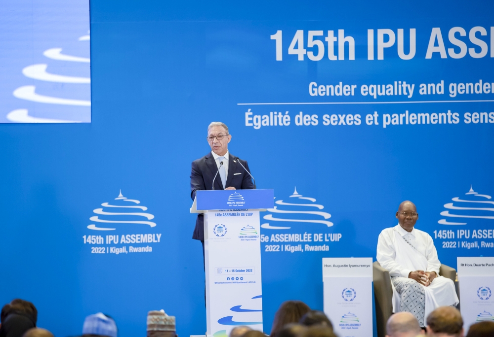 President of Inter-Parliamentary Union, Duarte Pacheco delivers remarks at the 145th Assembly of the Inter-Parliamentary Union that is underway in Kigali from October 11 to 15. Village Urugwiro