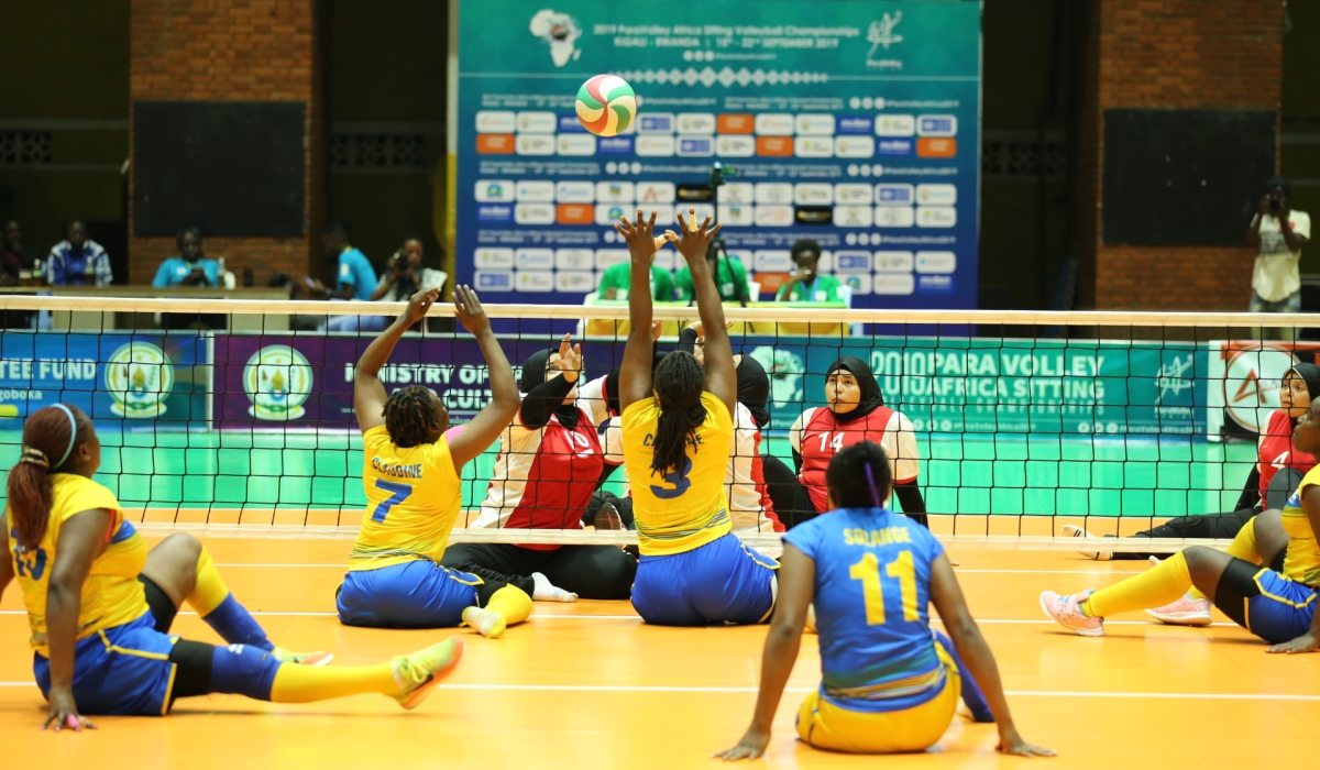 The national women sitting volleyball players during a game against Egypt. Women and men sitting volleyball teams will begin a 10-day intensive residential training camp at Gisagara Gymnasium on Friday, October 14. / Sam Ngendahimana