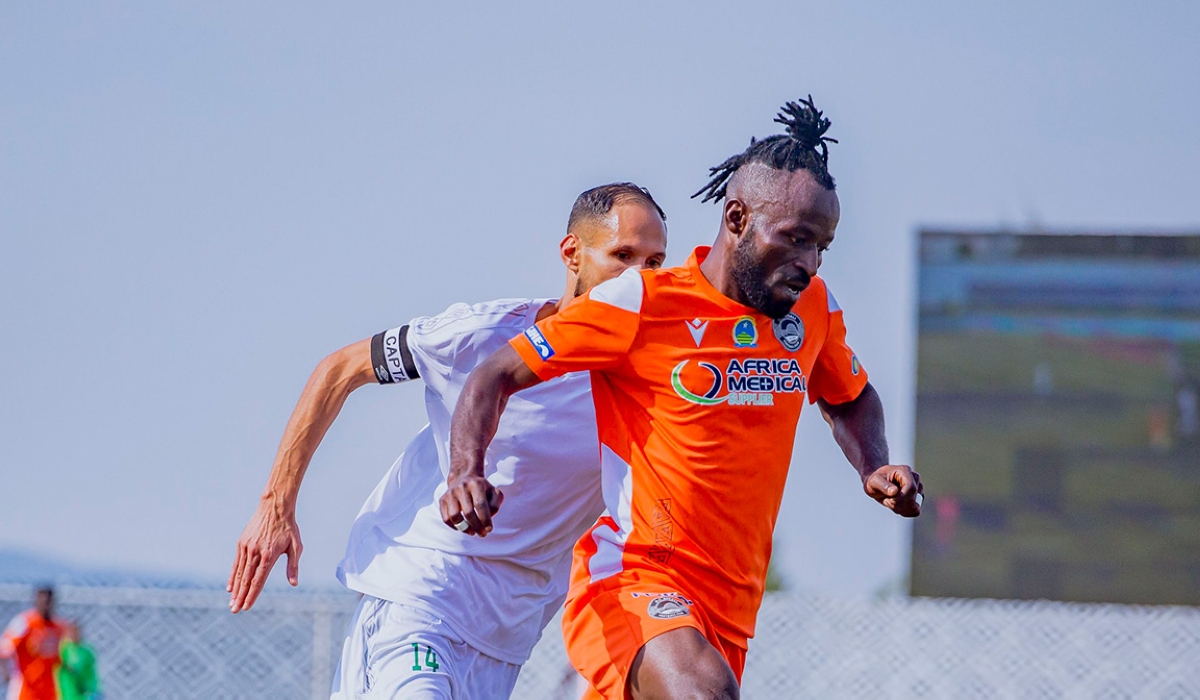 Striker Hussein Chabalala controls the ball during the first leg match at Huye Stadium last week. He is among a 20-man squad for the CAF Confederation Cup second leg game against Libya’s Al Nasry. / Courtesy