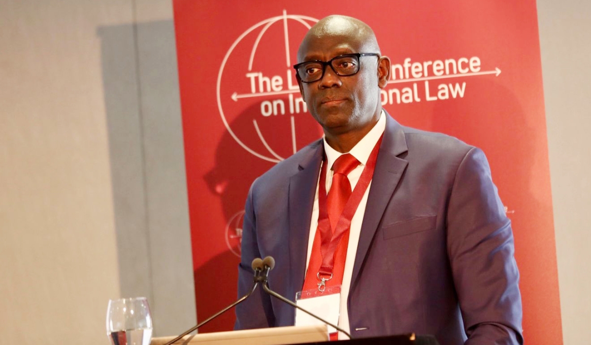 Johnston Busingye, Rwanda’s High Commissioner to the United Kingdom, delivers remarks during the London Conference on International Law 2022 on October 11. Photo: Courtesy.