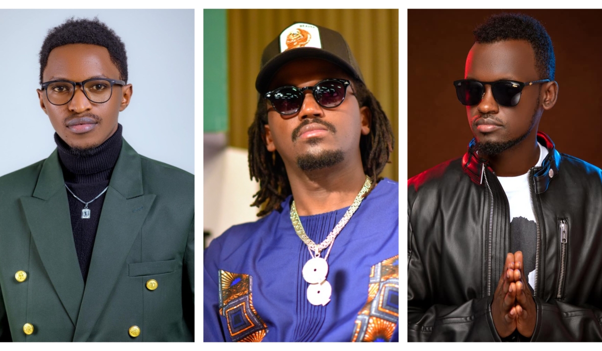 Clockwise: Artistes Junior Rumaga, Riderman and Peace Jolis worked together on a project about children and prenthood. Net photos.